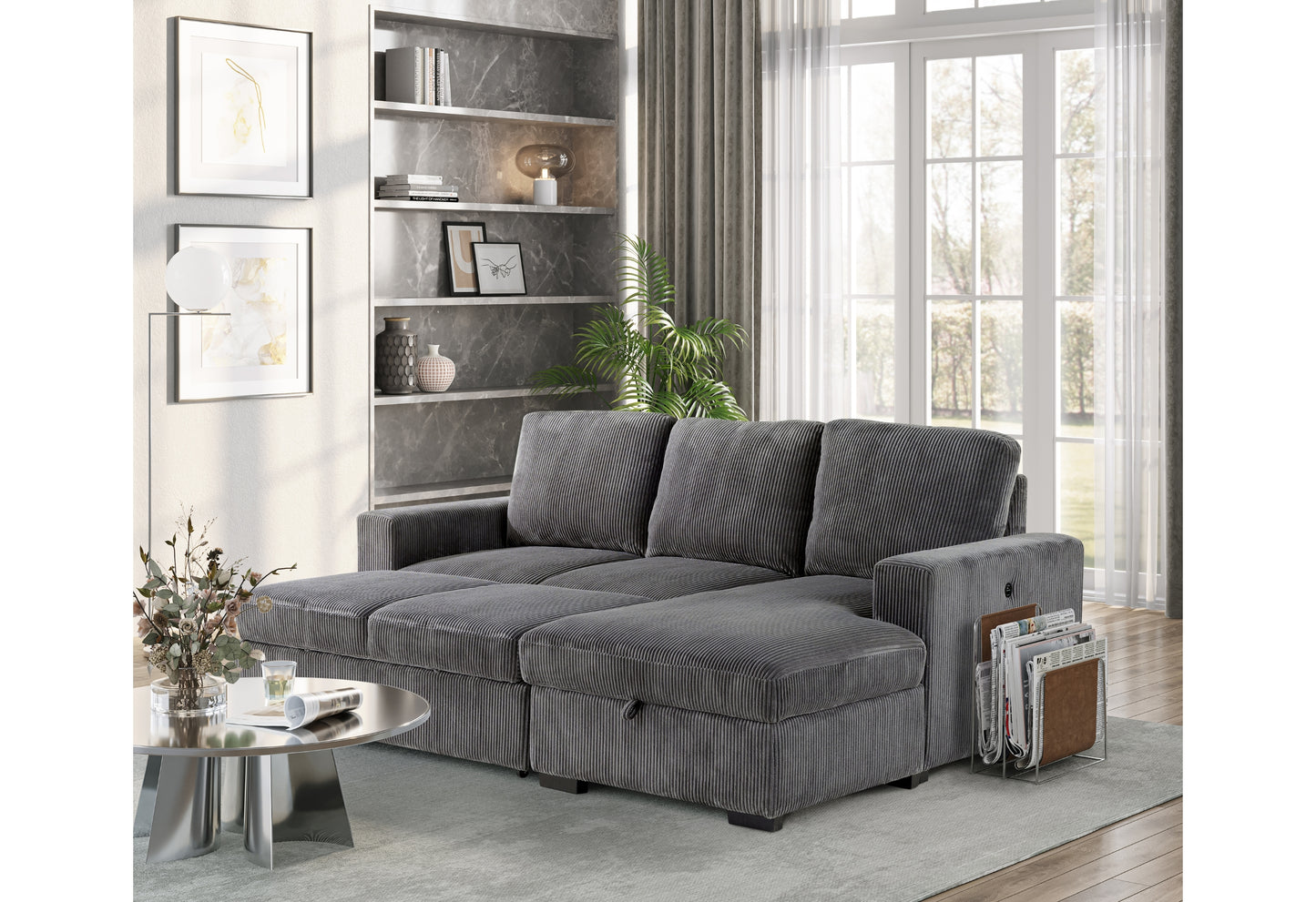 delilah grey l shape sectional with pull out sofa bed