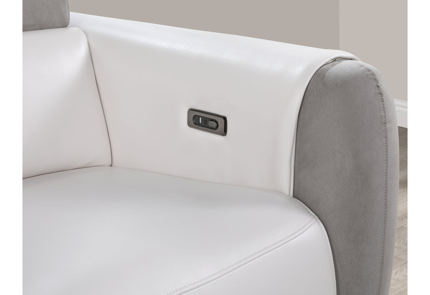 claudia white/grey power recliner with ratchet headrest and usb