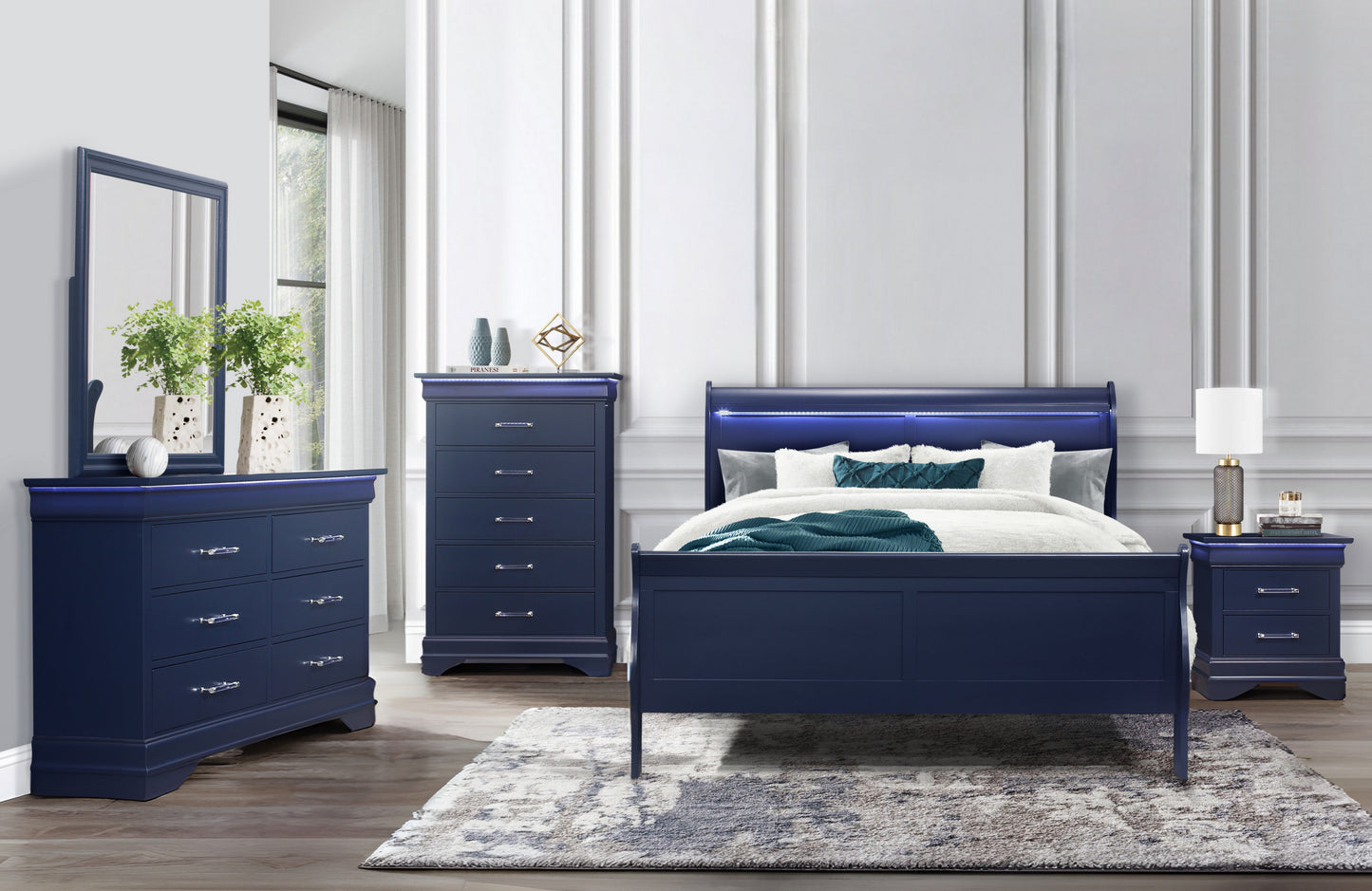 james blue queen bed group with led