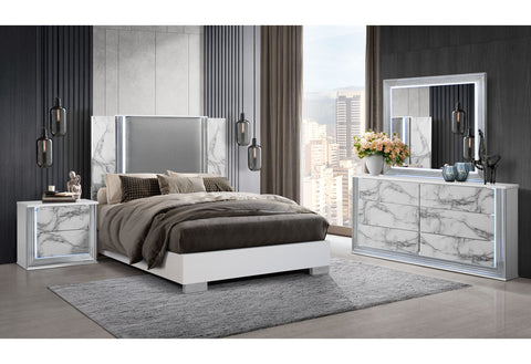 Abigail White Marble Fully Slatted QUEEN BED WITH LED