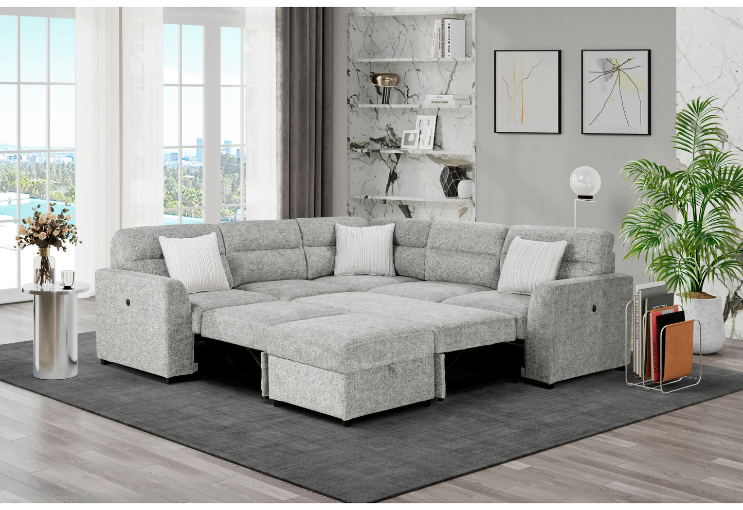 claire nickel sectional with 3 pillows and ottoman
