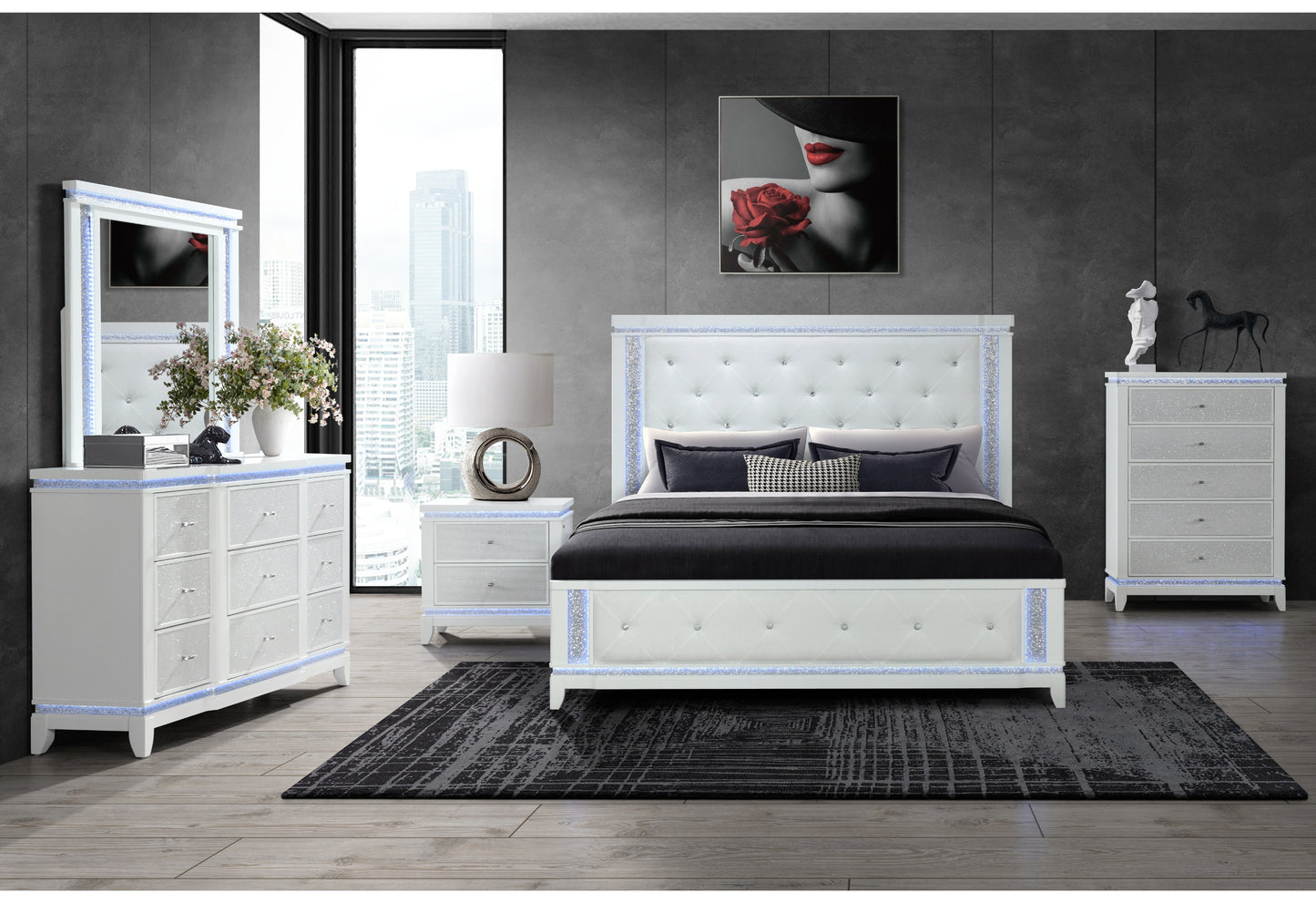 riley white king bed with led