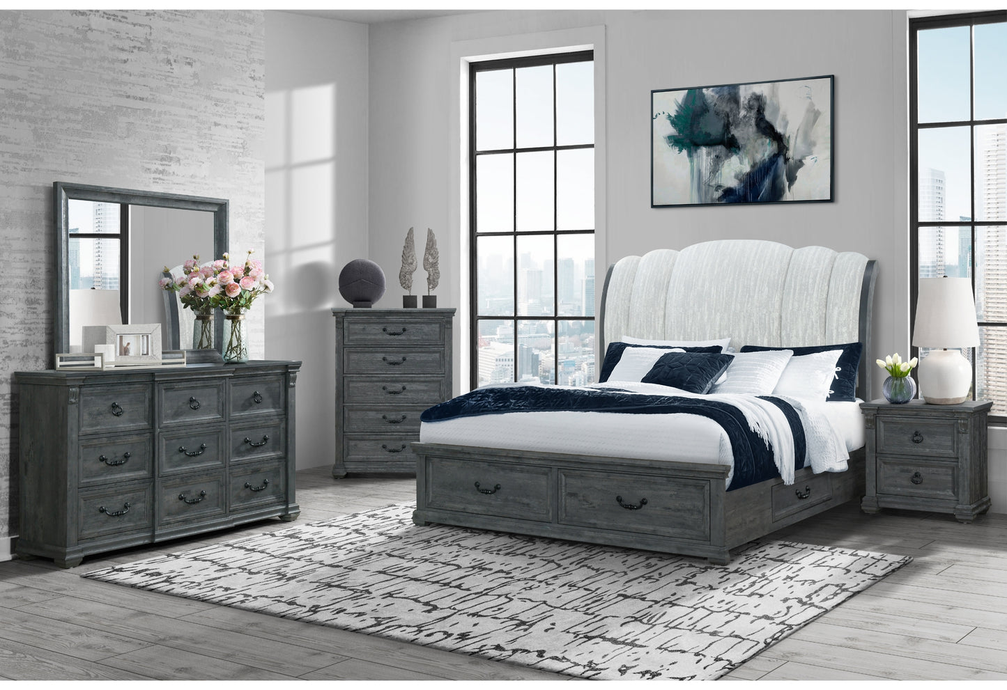 alexa grey upholstered bed,rowan/tatum grey,rowan/tatum grey storage king bed group storage