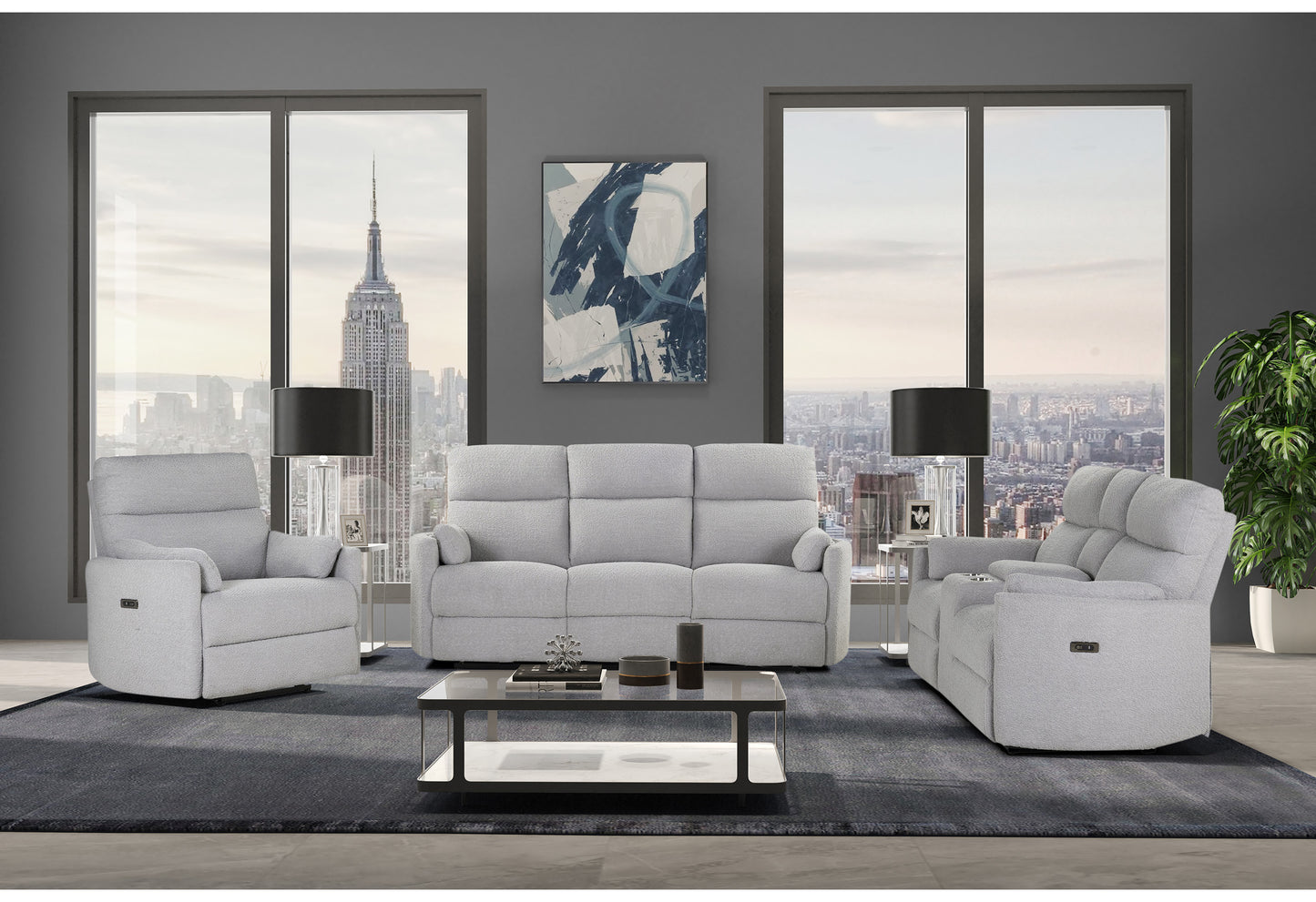 clara fluffy grey power reclining sofa/power console reclining loveseat/power recline