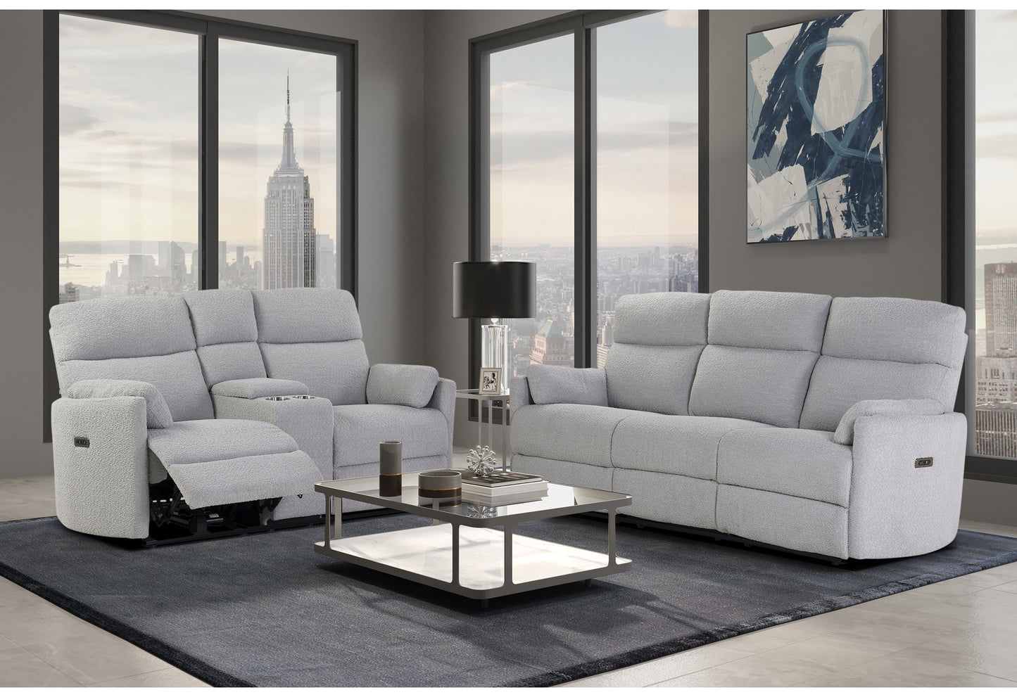 clara fluffy grey power reclining sofa/power console reclining loveseat