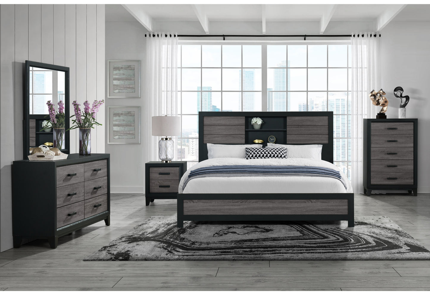anthony grey/black bookcase queen bed group